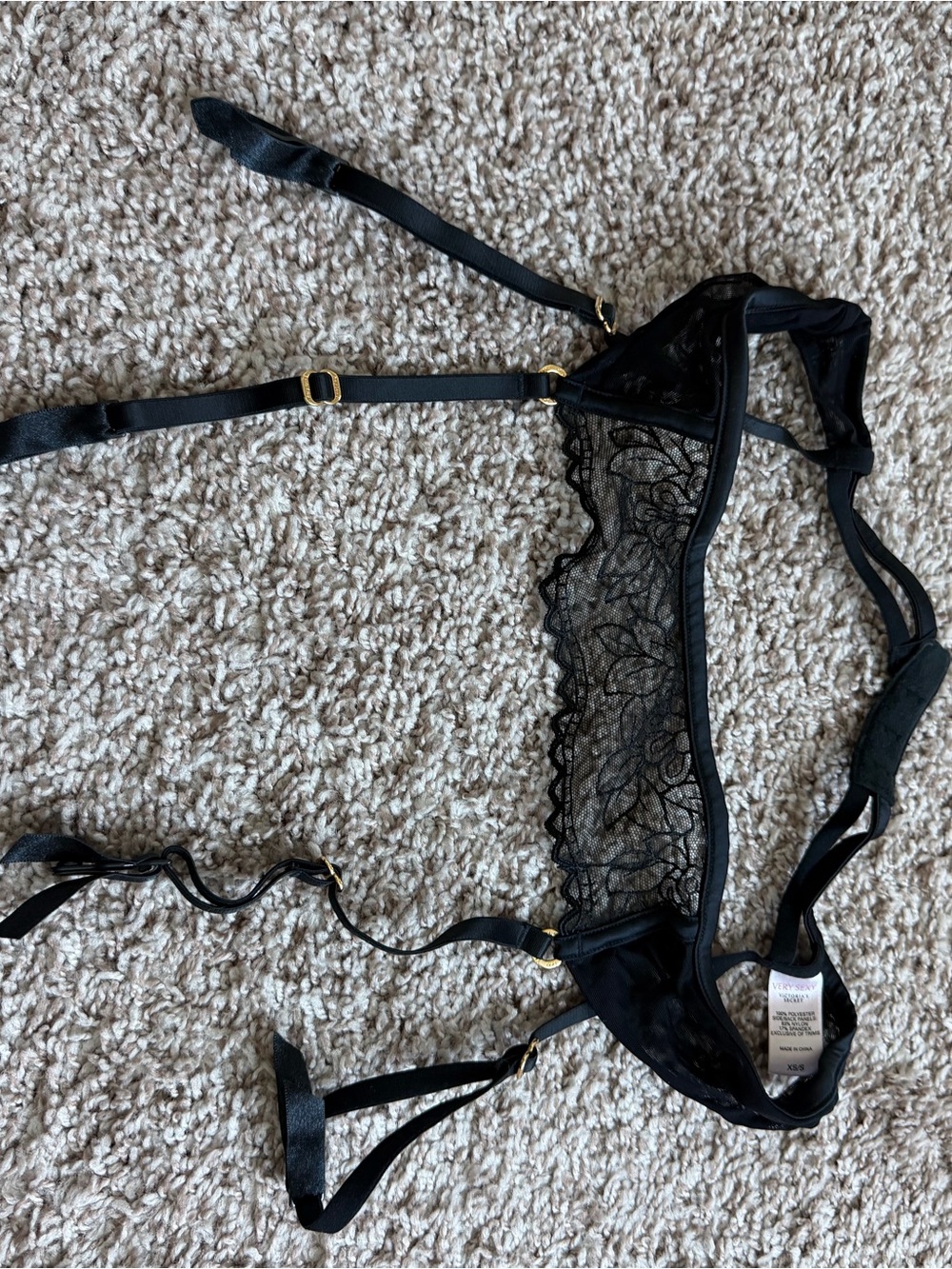 Victoria's Secret Black Lace Sheer Garter Belt with Gold Accents
